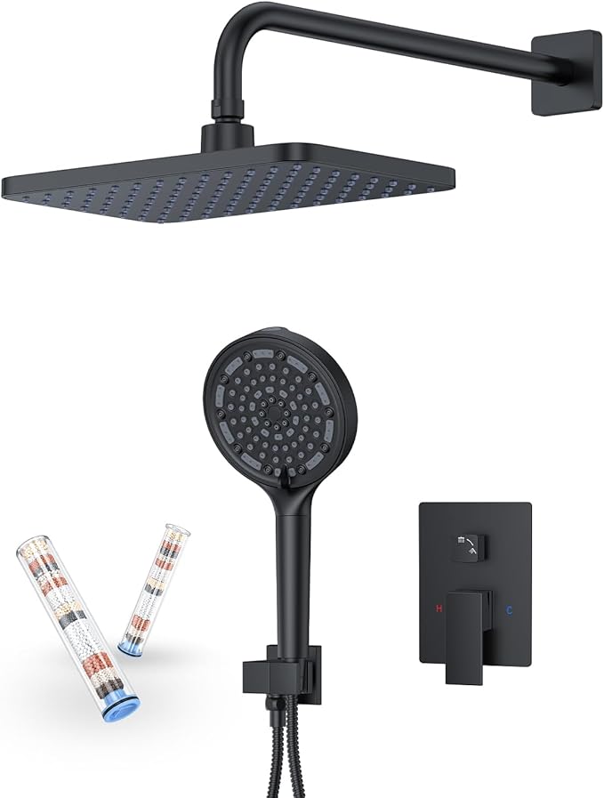 Matte Black 11-Inch Rainfall Shower System – Premium Filtered Handheld Sprayer & Fixed Shower Head, Complete Bathroom Set Faucet Mixer Trim & Valve