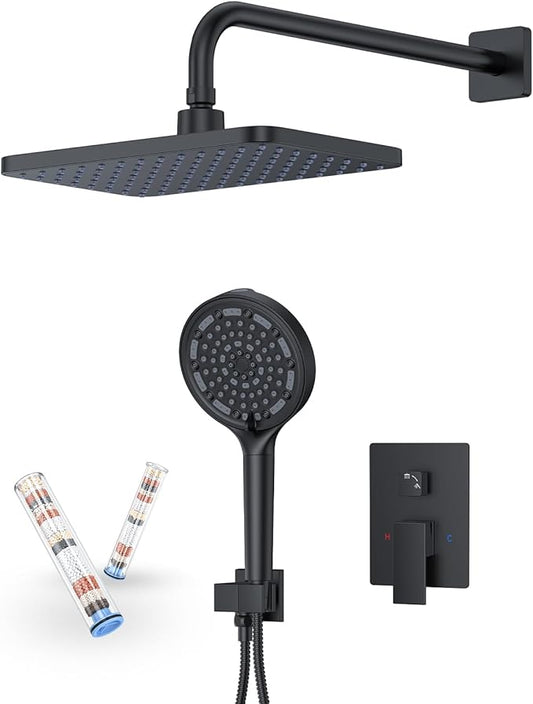 Matte Black 11-Inch Rainfall Shower System – Premium Filtered Handheld Sprayer & Fixed Shower Head, Complete Bathroom Set Faucet Mixer Trim & Valve