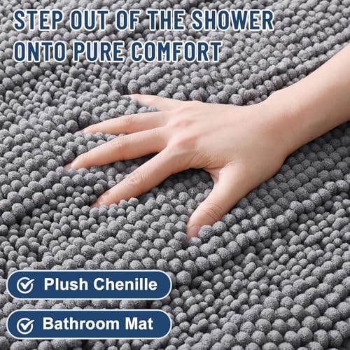 Grandaily Chenille Striped Bathroom Rugs 59x20, Extra Thick and Soft Absorbent Bath Mats, Rubber Backing, Plush Shaggy Shower Carpet, Machine Wash Dry, Bath Rug for Bathroom, Grey