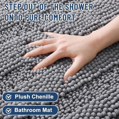 Grandaily Chenille Striped Bathroom Rugs 45x27, Extra Thick and Soft Absorbent Bath Mats, Rubber Backing, Plush Shaggy Shower Carpet, Machine Wash Dry, Bath Rug for Bathroom, Grey