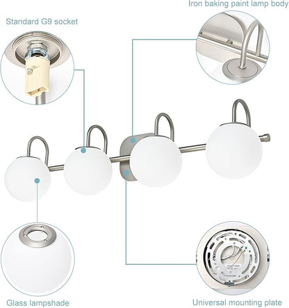 Mid Century Modern Brushed Nickel Bathroom Vanity Light Fixtures 4 Lights Milky Glass Wall Lighting Bath Vanity Lights Over Mirror (Exclude G9 Bulb)