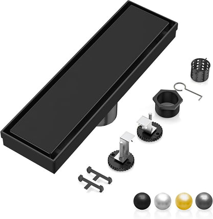 DLONE® Linear Shower Drain - 12 Inch Matte Black, with Tile Insert Pane | AISI 304 Stainless Steel Linear Drain, Rectangle Shower Floor Drain, with Adjustable Feet, Fits Bathroom & Balcony etc
