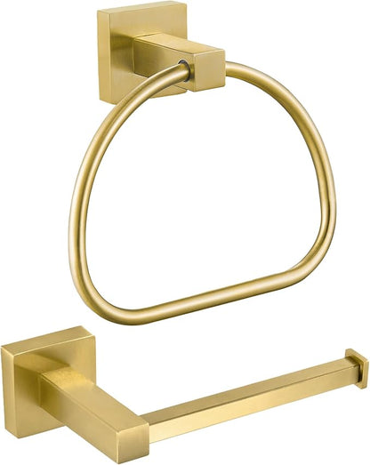 Leyden Gold Toilet Paper Holder Hand Towel Holder, Brushed Brass Toilet Roll Holder Towel Ring, Modern Bathroom Hardware Set Stainless Steel Wall Mounted 2 Pieces