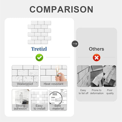 10 Sheets Thicker Design Peel and Stick Backsplash, 12"x12" Peel and Stick Wall Tiles, Subway Look Marble Tiles Backsplash for Kitchen and Bathroom, White