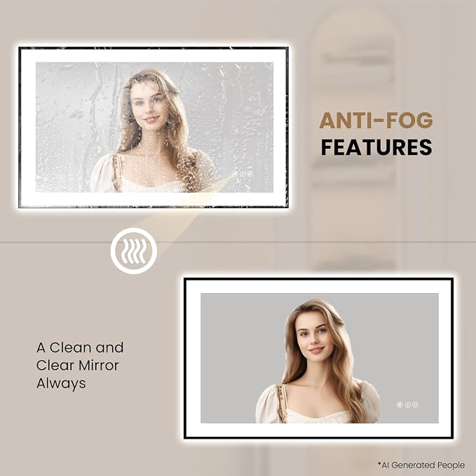LOAAO 40"X24" LED Bathroom Mirror Black Framed | Anti-Fog, Dimmable, Memory Function, Tempered Glass, Lighted Vanity Mirror for Wall