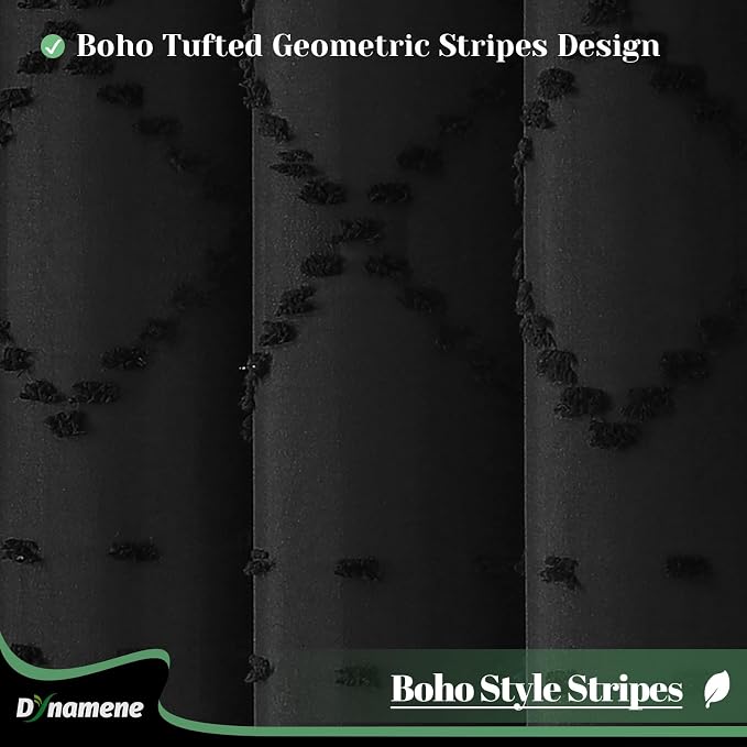 Stall Boho Farmhouse Shower Curtain Tufted Geometric 54"x78" Black | 54 x 78 inch Long, Elegant Tassel, Lightweight Textured Fabric, Water Repellent, Washable, for Narrow Bathroom/Dorm 10 Hooks
