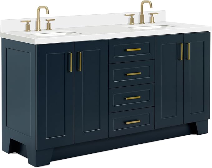ARIEL Taylor 66-inch Bathroom Vanity with Sink,Solid Wood, 1.5-inch Pure White Quartz Countertop, Double Rectangular Porcelain Sink, 4 Soft Closing Doors, 5 Dovetail Drawers, Midnight Blue