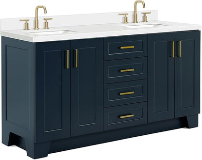 ARIEL Taylor 66-inch Bathroom Vanity with Sink,Solid Wood, 1.5-inch Pure White Quartz Countertop, Double Rectangular Porcelain Sink, 4 Soft Closing Doors, 5 Dovetail Drawers, Midnight Blue