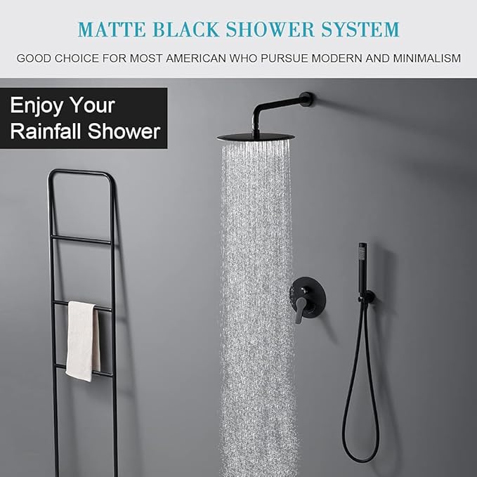 Matte Black Shower System, Shower Faucet Set Complete Rain Shower Head with Handheld, Bathroom Wall Mounted Rain Shower Fixture with Valve Set