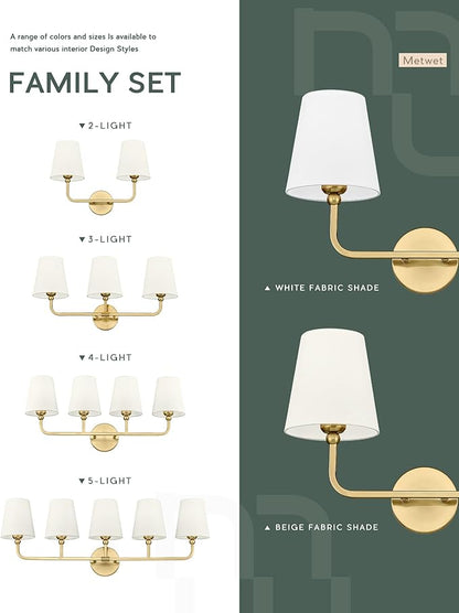 4-Light Bathroom Light Fixtures, Brushed Gold Vanity Lights with Flared Beige Fabric Shade, 28 Inch Wall Sconce, Vintage Sconces Wall Lighting for Hallway Bedroom, VL837-BG-B-4
