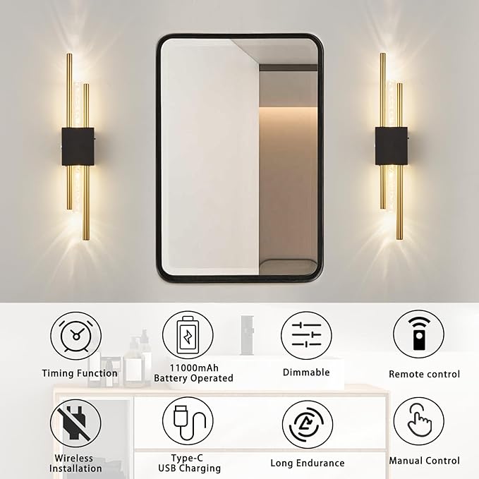 Battery Operated Wall Sconces Set of Two, Rechargeble Modern Crystal Bathroom Wall Sconces, 3000K-6000K Dimmable Gold LED Wireless Wall Lights for Vanity Bedroom Living Room Hallway（black gold）