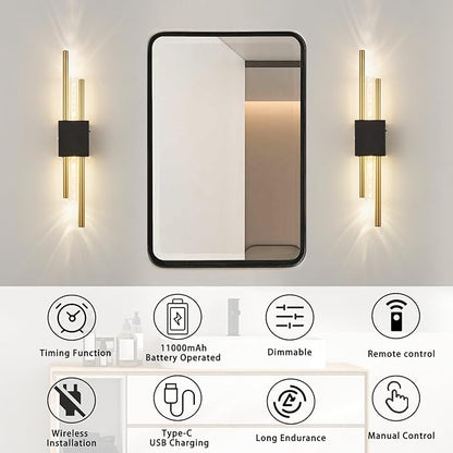 Battery Operated Wall Sconces Set of Two, Rechargeble Modern Crystal Bathroom Wall Sconces, 3000K-6000K Dimmable Gold LED Wireless Wall Lights for Vanity Bedroom Living Room Hallway（black gold）