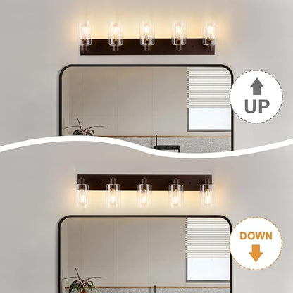 5 Lights Bathroom Light Fixtures Oil Rubbed Bronze Vanity Light with Clear Glass Shade 36in Modern Bathroom Lighting Fixtures Over Mirror for Bedroom/Living Room