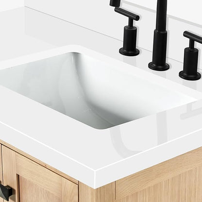 ARIEL 37 inch Bathroom Vanity top with Sink, 1.5 Inch Thick Miter Edge White Quartz top, Right Offset Vanity top with Rectangle Porcelain Sink, Includes Backsplash