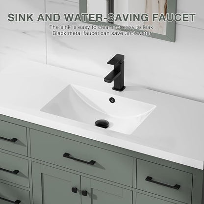 LUCKWIND 48" Modern Bathroom Vanity with Sink Combo, Contemporary Painted Storage Cabinet and Single White Sink, Include Soft-Closing Doors & Matte Black Faucet, Green
