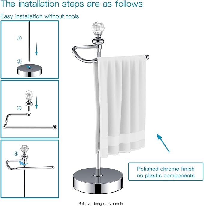 ROLABAM Heavy Weighted Hand Towel Holder (with Crystal Ball) Standing Hand Towel Holder Total Height 16.54'' for Kitchen, Bathroom, Vanity, Classic Decorative Metal Hand Towel Stand, Polished Chrome