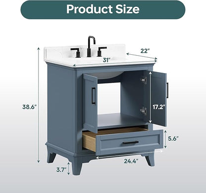 30 Inch Bathroom Vanity with Sink, Fully Assembled Bathroom Vanities with Quartz Countertop & Backsplash, 30 Inch Vanity with Sink, Soft Closing Doors & Dovetail Drawer, Steel Blue