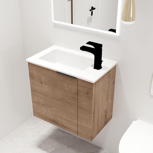 Malwee 22" Floating Bathroom Vanity with Sink, 22 Inch Single Sink Wall Mounted Bathroom Vanity, with 1 Door and White Ceramic Basin Top for Small Space, Plywood Cabinet Storage(002-22IMO)