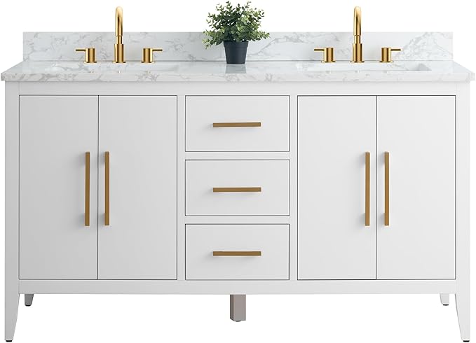 Vanity Art 60 inch Bathroom Vanity with Double Sink & Ceramic Top, Vanity Cabinet with Soft-Closing Doors, Drawers, Solid Wood Frame, White, VA9060-DW-GB1