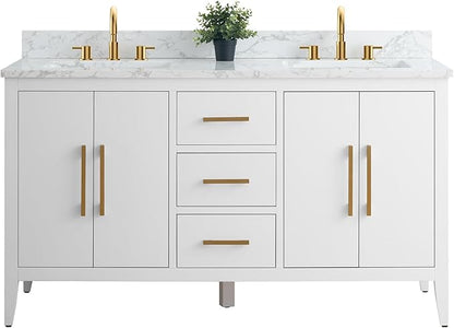 Vanity Art 60 inch Bathroom Vanity with Double Sink & Ceramic Top, Vanity Cabinet with Soft-Closing Doors, Drawers, Solid Wood Frame, White, VA9060-DW-GB1