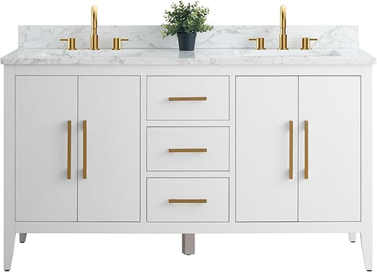 Vanity Art 60 inch Bathroom Vanity with Double Sink & Ceramic Top, Vanity Cabinet with Soft-Closing Doors, Drawers, Solid Wood Frame, White, VA9060-DW-GB1