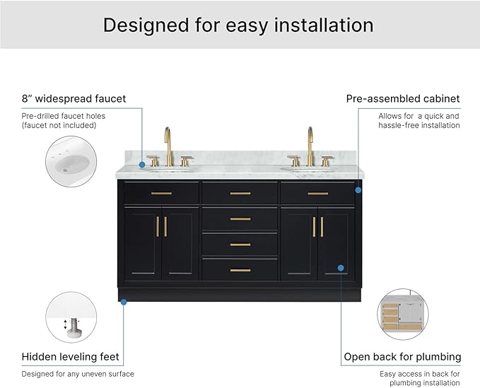 ARIEL Hepburn 66-inch Bathroom Vanity with Sink,Solid Wood, 1.5-inch Italian Carrara Marble Countertop & Backsplash, Double Oval Porcelain Sink, 4 Soft Closing Doors, 6 Dovetail Drawers, Black