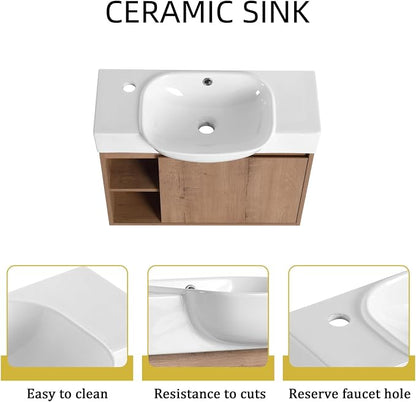 26" Bathroom Vanity with Sink, Farmhouse Cabinet, Natural Oak | Curved Sink Ceramic, Soft-Close Door, Interior Compartment and 2-Tier Open Side Shelves, 45° Inclined Edge Handle
