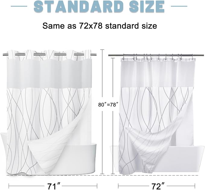 LXBNI No Hook Shower Curtain with Snap-in Liner, Waterproof & Washable Polyester Fabric, Abstract Line Pattern, Hotel Style Modern Shower Curtains for Bathroom, 71x77 Inches,Grey White