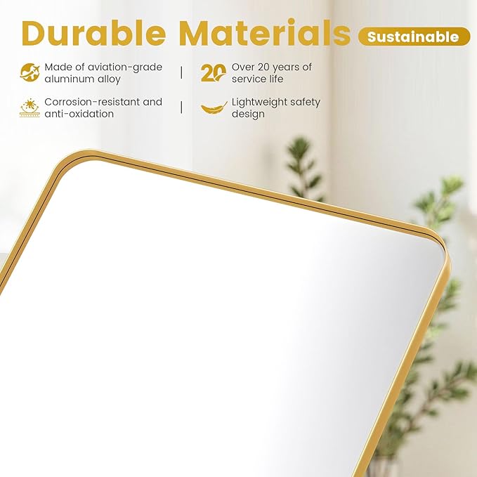 Gold Metal Frame Wall Mount Bathroom Mirror, 22 x 32 Inch Rectangular Round Mirror, Matte Black Vanity Mirror, Farmhouse Style, Hang Horizontally or Vertically