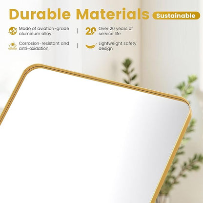36"X36" Large Gold Metal Framed Bathroom Mirror for Wall, Large Mirrors for Spacious Rooms,Gold Rounded Rectangle Mirror, Brushed Gold Bathroom Vanity Mirror Farmhouse, Anti-Rust, Tempered Glass