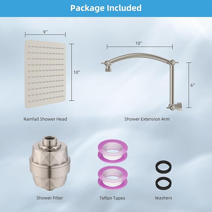 Hibbent 10'' Filtered Rain Shower Head, 16'' Extension Arm, Brushed Nickel | High Pressure Rainfall Showerhead, Brass Adjustable Shower Head Extension Arm, 20 Stage Shower Filter, Fixed Showerheads