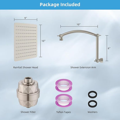 Hibbent 10'' Filtered Rain Shower Head, 16'' Extension Arm, Brushed Nickel | High Pressure Rainfall Showerhead, Brass Adjustable Shower Head Extension Arm, 20 Stage Shower Filter, Fixed Showerheads