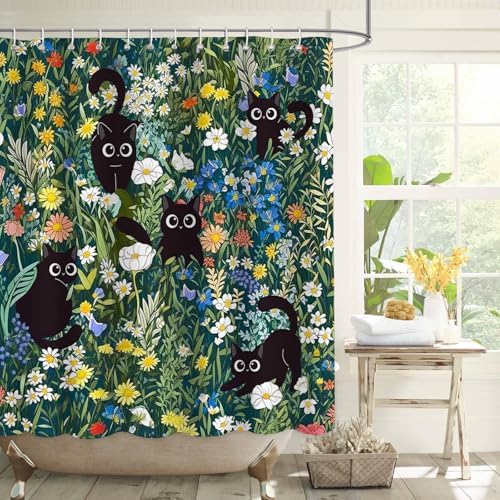 APROPHIC Cat Shower Curtain, Boho Modern Cute Girly Bathroom Curtain, Black Cartoon Cat Colorful Flowers Curtain Set, Waterproof Bathroom Home Decor Set with Hooks, 72X72 Inches