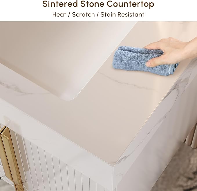 Bathroom Vanity with Sink, Modern Bathroom Vanity with Faux Marble Top, Gold Hardware & Soft-Close Drawers for Bathroom Storage (59.1 Inch, White, Double Sink & Freestanding)