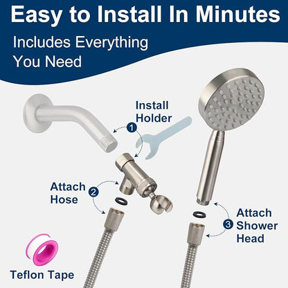 All Metal Shower Head with Handheld - 72" Long Hose, High Pressure Sprayer | Hand HeId Showerhead Spray, Solid Outdoor Showerheads and Brass Holder, Brushed Nickel