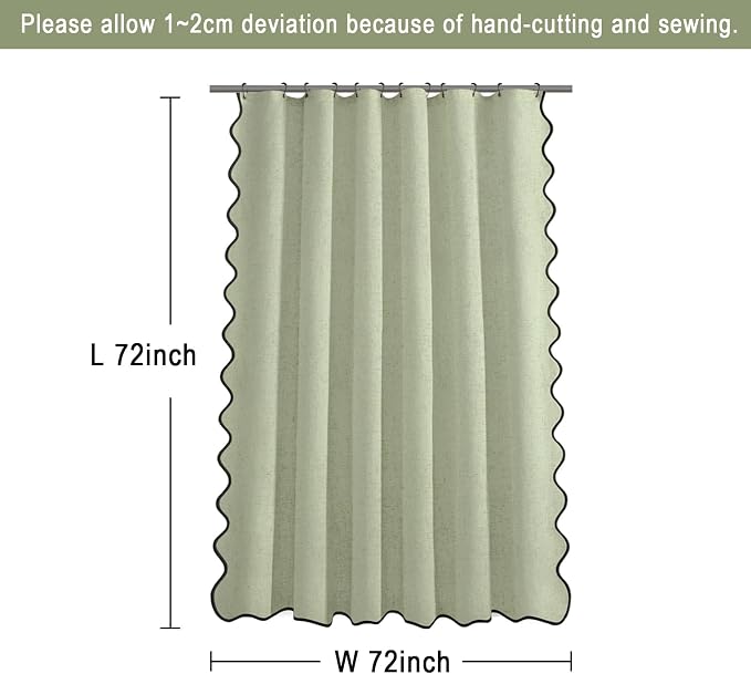 Scalloped Shower Curtain Linen Boho Flax Green 72" W x 72" L | Linen Fabric, Black Border, Washable, Heavy Duty Cloth, Shower Curtain for Boho Farmhouse Bathroom Bathtub