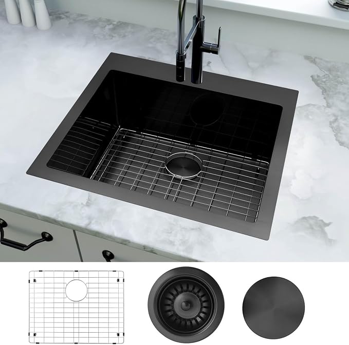 LQS Black Laundry Kitchen Sink, 25” x 22” Drop In Kitchen Sink, Drop In RV Kitchen Sink, Stainless Steel Laundry Sinks, 16 Gauge Black Kitchen Sinks With Accessories