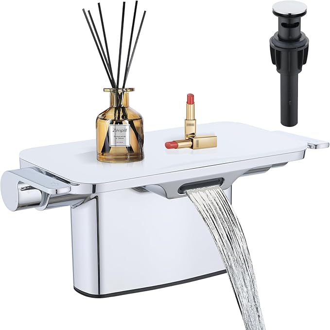 Waterfall Bathroom Faucet, 4 Inch Centerset Bathroom Sink Faucets, 2 Handle Bathroom Faucets for Sink, Modern Rv Lavatory Vanity Faucet with Pop Up Drain and Supply Hoses, Chrome