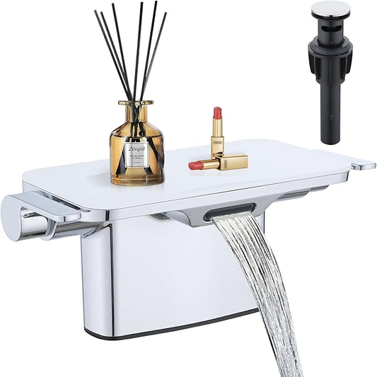 Waterfall Bathroom Faucet, 4 Inch Centerset Bathroom Sink Faucets, 2 Handle Bathroom Faucets for Sink, Modern Rv Lavatory Vanity Faucet with Pop Up Drain and Supply Hoses, Chrome