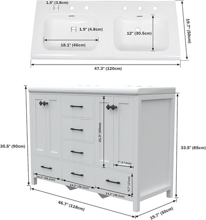 Bathroom Vanity with Sink Combo, 48" Modern Bathroom Storage Cabinet with Double Sink Ceramic, 4 Doors and 5 Drawers, Space-Saving Storage Cabinet, White