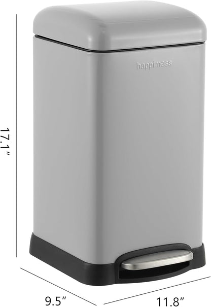 happimess Betty Retro Mini 3.2 Gal Step Trash Can, Gloss Gray | Soft-Close Lid, Removable Liner, Iron, Hands-Free Pedal, Non-Skid Base, Built-In Damper, Modern, Minimalistic