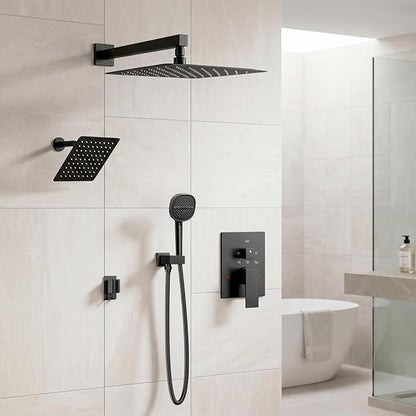 Shower System Matte Black Shower Faucet Sets, Dual Head Shower Set STARBATH 12'' +6'' Wall Mount Rainfall Shower Systems with Multifunctional Filtered Handheld Sprayer for Two Person