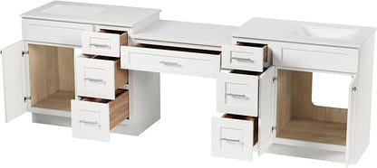 DSR 102'' Double Bathroom Vanity Cabinet with Carrara Quartz Top White Shaker Style Dovetail Drawers Vanity Desk Solid Wood Plywood MDF (102'' with Seven Drawers)