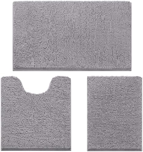 HOMEIDEAS Grey Chenille Bathroom Rugs Set of 3, Non Slip Bath Mat