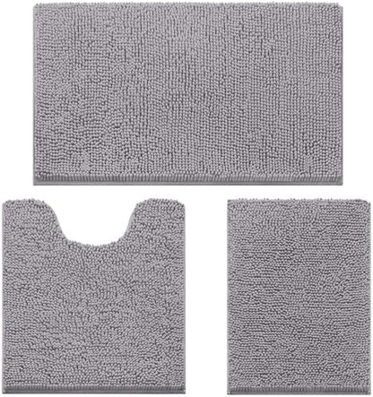 HOMEIDEAS Grey Chenille Bathroom Rugs Set of 3, Non Slip Bath Mat