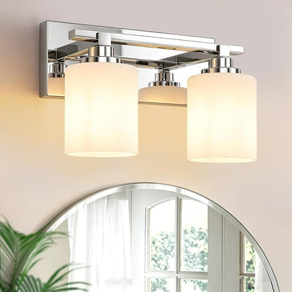 Modern Bathroom Lighting Fixtures Over Mirror, Vanity Lights for Bathroom, Wall Sconces with Milky White Glass Shades, E26 Ceramic Socket, 2-Light 14-inch Chrome
