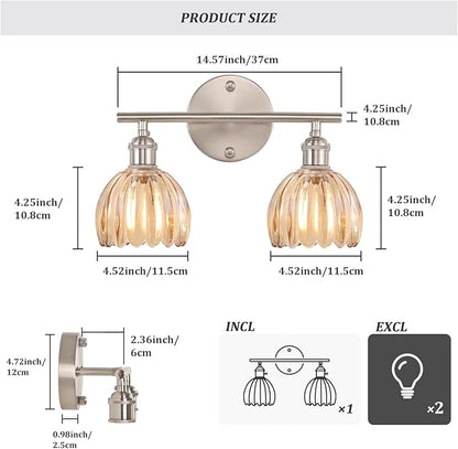 Bathroom Light Fixtures, 2-Light Vanity wall Light Over Mirror with Amber Tulip Glass Shade for Bedroom Living Room (Bulb Not Included), Satin Nickel