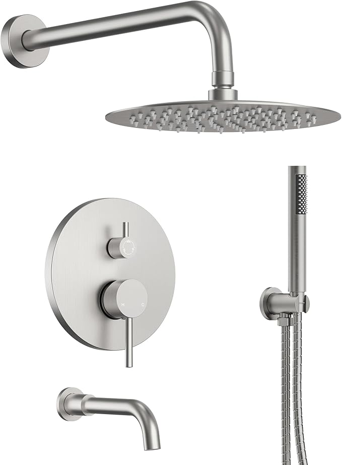 10" High-Pressure Rainfall Shower System with Handheld Spray, Wall Mount Bathroom Shower Faucet Set with Tub Spout (Brushed Nickel)