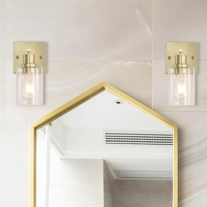 Living Room Wall Light fixtures 2 Pack, Brushed Gold Vanity Lights with Glass Shade, Farmhouse Modern Wall sconces for Gallery ，Mirror,Bedroom,Bathroom