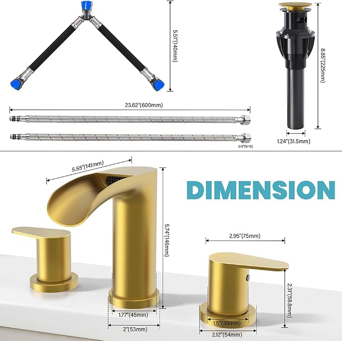 Brushed Gold Waterfall Bathroom Faucets - Waterfall 8 Inch Gold Widespread Bathroom Sink Faucet, 2 Handles Vanity Faucets 3 Holes for Restroom RV Bathtub with Pop Up Drain & Supply Lines